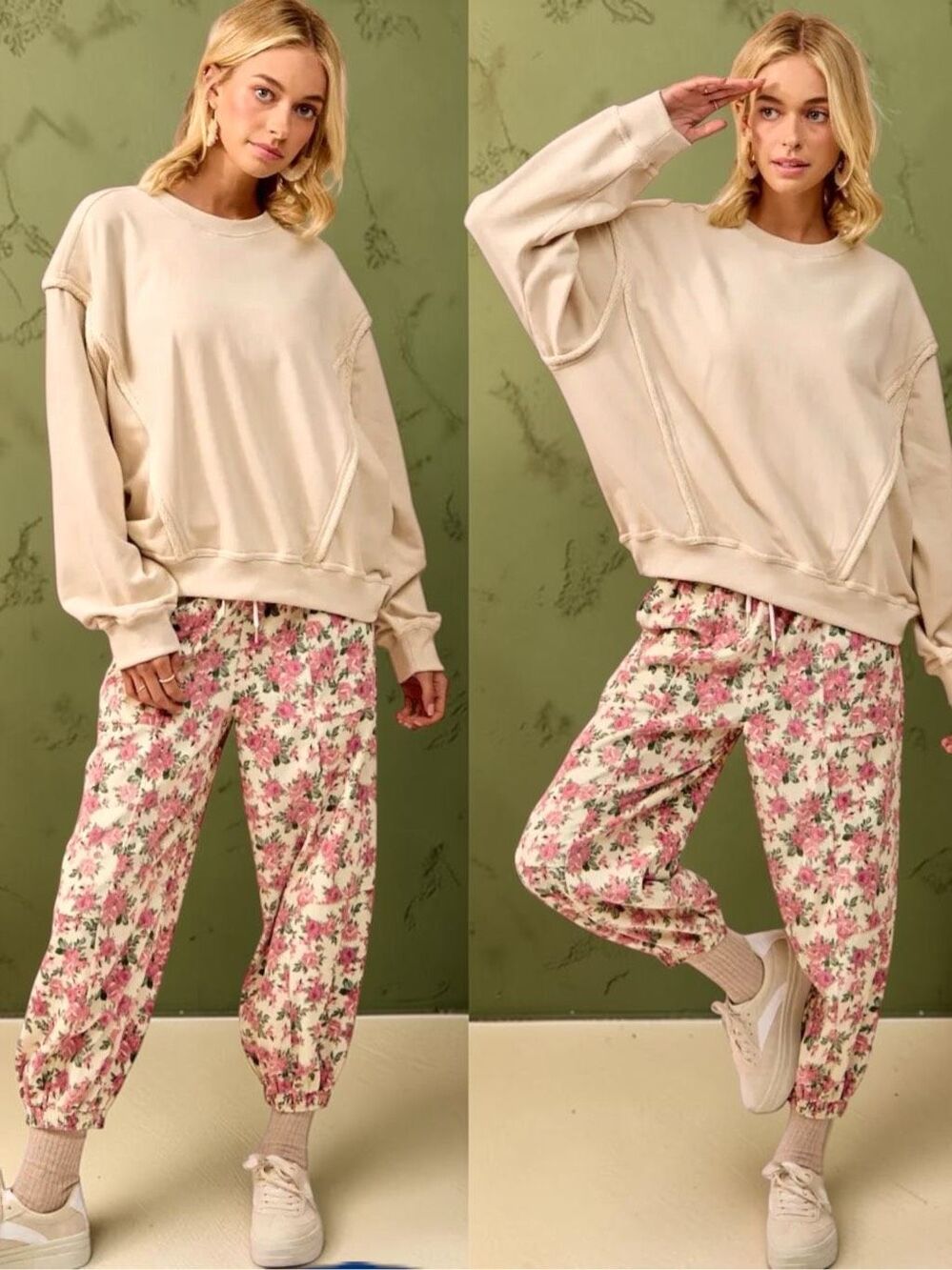 BiBi Floral Jogger Pants Pink Rose Drawstring Twill Elastic Waist Large NEW - Picture 9 of 12